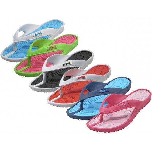 Wholesale Footwear Women's Soft Comfortable Sport 2 Tone Colors Rubber Thong Sandals Sizes 5-10