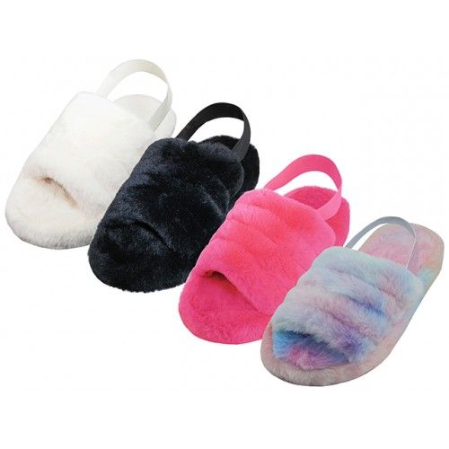 Wholesale Footwear Women's Soft Fuzzy Plush Upper With Elastic Sling