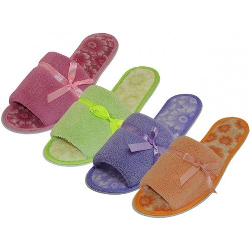 Wholesale Footwear Women's Cotton Terry Open Toe Printed In Sole House Slippers