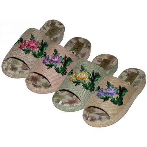 Wholesale Footwear Women's Cloth Open Toes Flower Embroidery Upper House Slippers