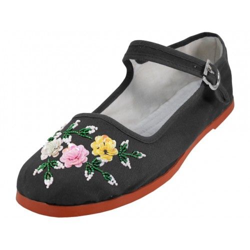 Wholesale Footwear Women's Cotton Upper With Hand Sequins Classic Mary Jane Shoes In Black