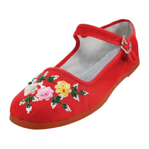 Wholesale Footwear Women's Cotton Upper With Hand Sequins Classic Mary Jane Shoes In Red Color