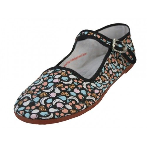 Wholesale Footwear Womens Fruit Printed Cotton Upper Classic Mary Jane Shoes In Black Fruit Print Sizes 6-10