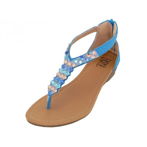 Wholesale Footwear Women's Rhinestone Sandals With Back Zipper In Blue
