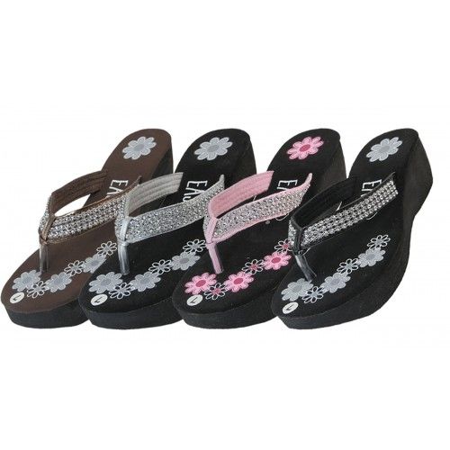 Wholesale Footwear Womens Flower Print Wedge With Rhinestone Look Flip Flops