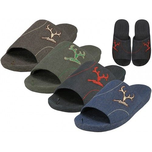Wholesale Footwear Men's Satin Open Toes Slippers With Antler Embroidered Upper House Slippers