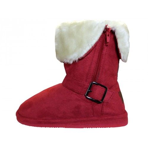 Wholesale Footwear Youth's Micro Suede Foldover Boots With Faux Fur Lining And Side Zipper In Dark Red