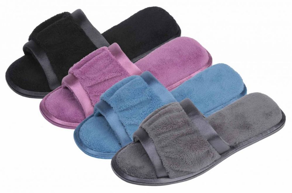 Wholesale Footwear Lady Plush OpeN-Toe Slippers W/ Satin Trim