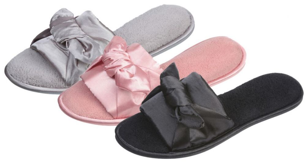 Wholesale Footwear Women's Plush Slide Slippers W/ Satin Knotted Bow