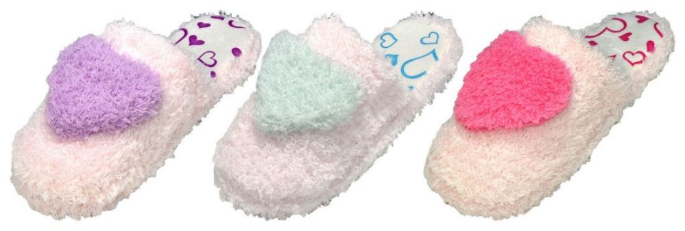 Wholesale Footwear Girl's Faux Fur Mule Slippers W/ Heart Printed Footbed