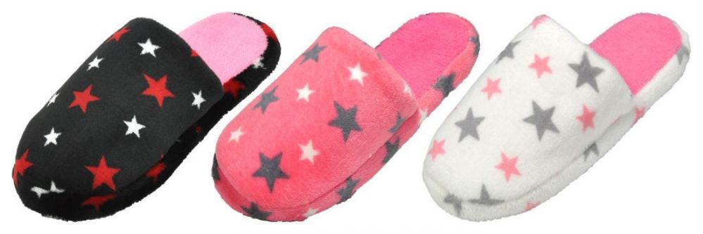 Wholesale Footwear Girl's Terry Cloth Mule Slippers W/ Two Tone Stars & Soft Footbed