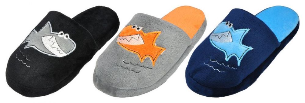 Wholesale Footwear Boy's Terry Cloth Mule Slippers W/ Shark Adornment & Soft Footbed
