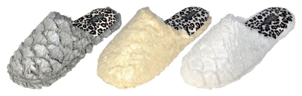 Wholesale Footwear Women's Faux Fur Mule Slippers W/ Leopard Print Footbed - Assorted Colors