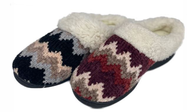 Wholesale Footwear Women's Knit Clog Slippers W/ Two Tone Chevron Patterns & Sherpa Trim