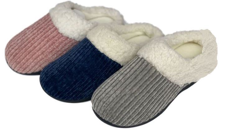 Wholesale Footwear Women's Ribbed Knit Clog Slippers W/ Sherpa Trim