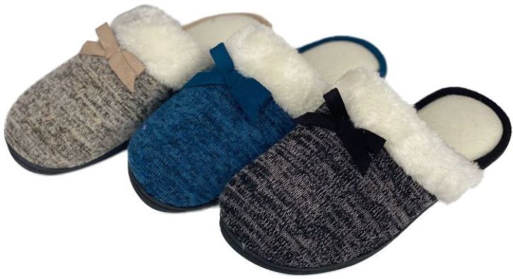Wholesale Footwear Women's Jersey Knit Mule Slippers W/ Faux Fur Trim & Satin Bow