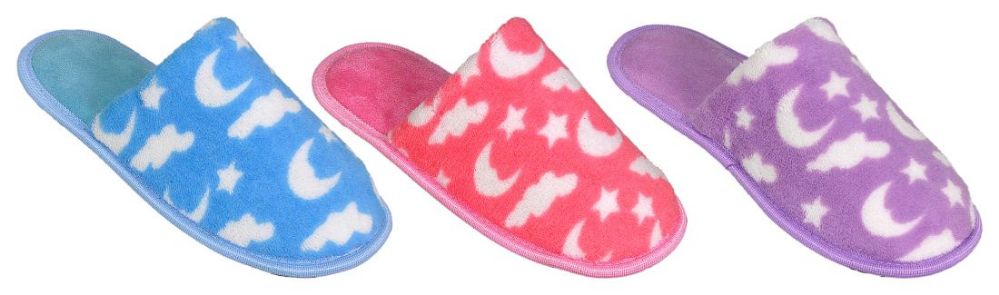 Wholesale Footwear Girl's Terry Cloth Mule Slippers W/ Night Sky Patterns