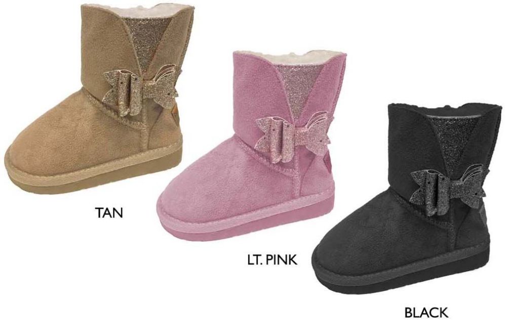 Wholesale Footwear Toddler Girl's Winter Boots W/ Shimmery Glitter Bow & Side Gusset