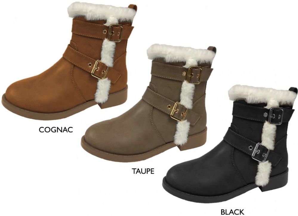 Wholesale Footwear Girl's Distressed Boots W/ Two Buckles & Faux Fur Trim