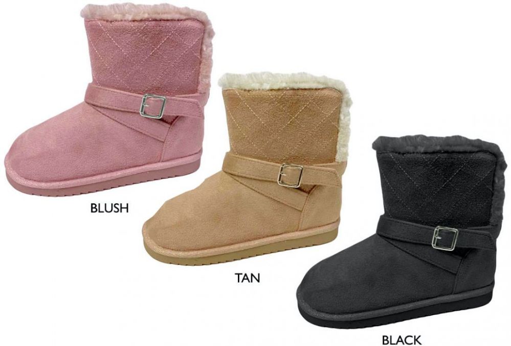 Wholesale Footwear Girl's Quilted Microsuede Winter Boots W/ Faux Fur Trim & Buckled Strap