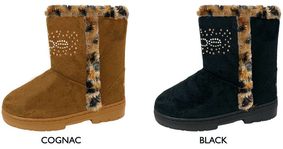 Wholesale Footwear Girl's Microsuede Winter Boots W/ Bebe Rhinestone Logo & Leopard Faux Fur Trim