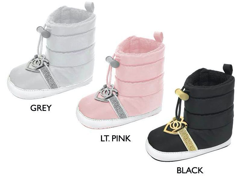 Wholesale Footwear Infant Girl's Quilted Nylon Boots W/ Metallic Heart, Strap, & Drawstring Closure