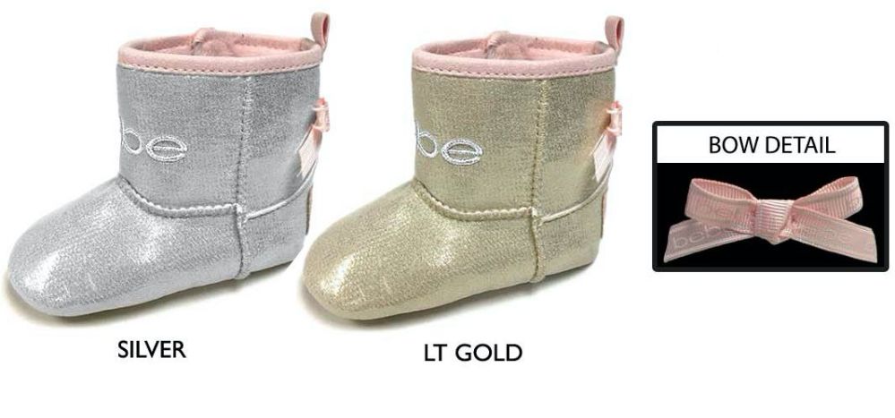 Wholesale Footwear Infant Girl's Shimmer Booties W/ Embroidered Bebe Logo & Shinny Bow