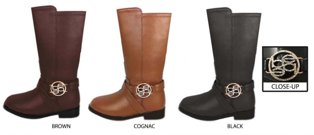 Wholesale Footwear Girl's Pu Riding Boots W/ Bebe Rhinestone Medallion