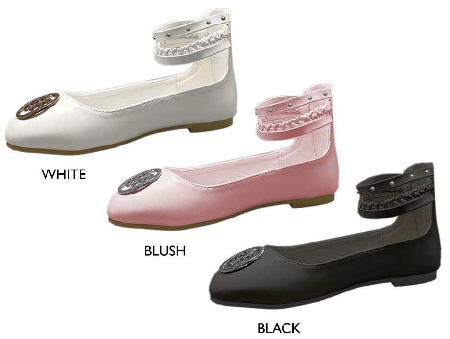 Wholesale Footwear Girl's Patent Leather Flats W/ Braided Detail Ankle Strap & Bebe Medallion