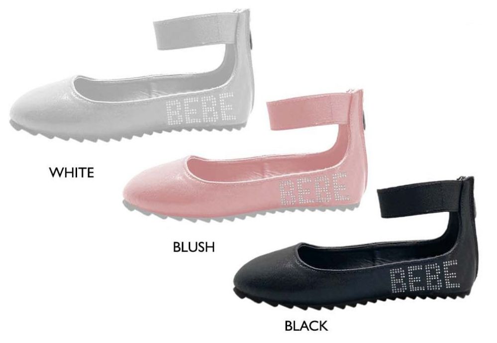 Wholesale Footwear Girl's Shimmer Patent Flats W/ Elastic Ankle Strap, Bebe Rhinestone Logo, & Treaded Soles