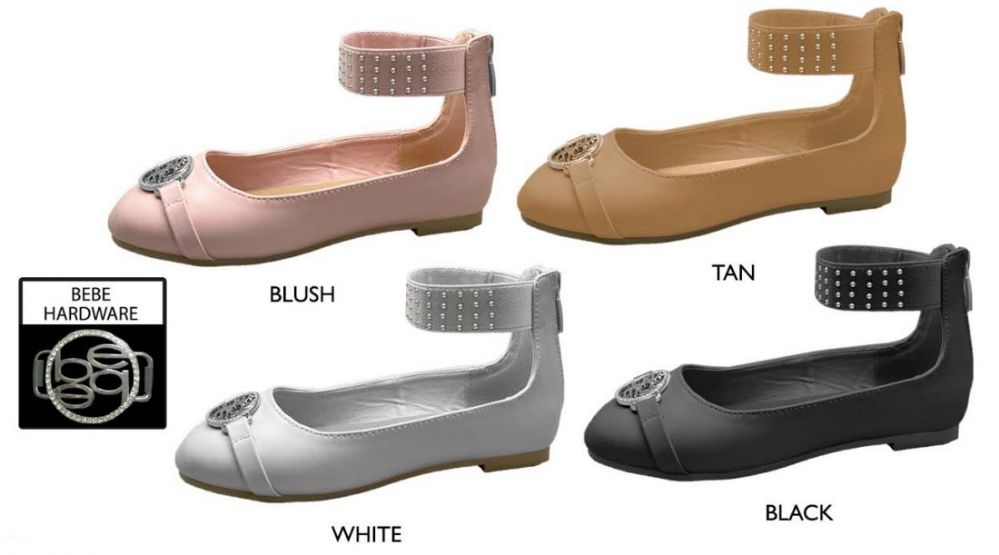 Wholesale Footwear Girl's Patent Leather Flats W/ Elastic Ankle Strap & Rhinestone Bebe Medallion Details