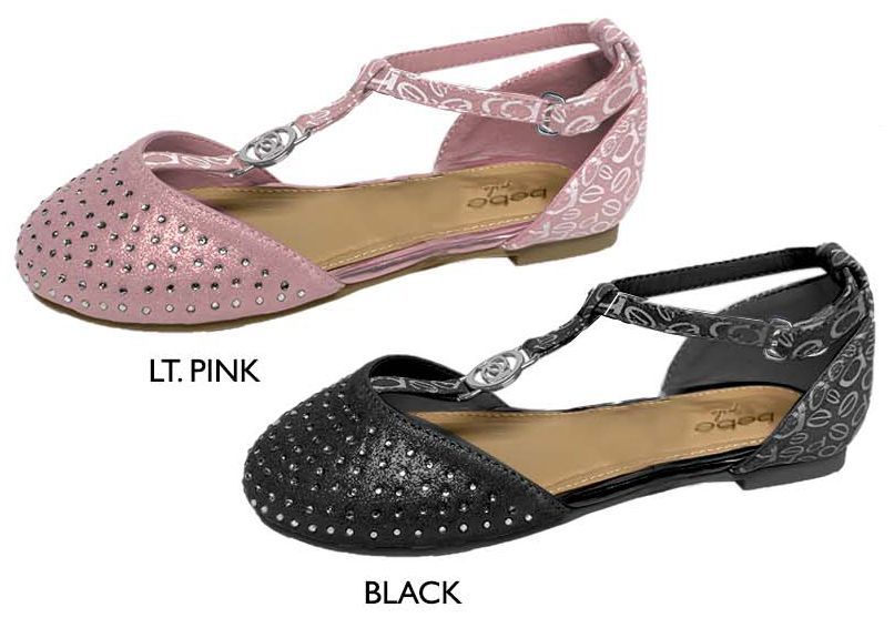 Wholesale Footwear Girl's Shimmer Faux Leather Flats W/ Rhinestone & Bebe Print Details