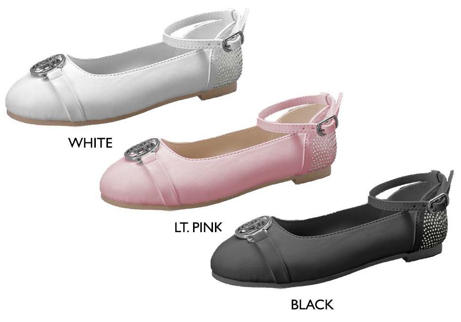 Wholesale Footwear Girl's Ankle Strap Flats W/ Rhinestone Bebe Medallion & Heel