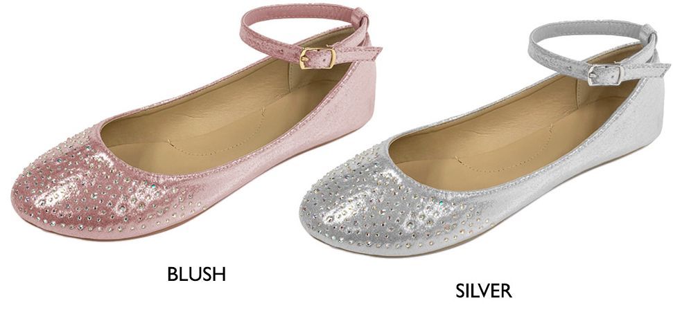 Wholesale Footwear Women's Metallic Flats W/ Rhinestone Details, Ankle Strap, & Cushioned Insole