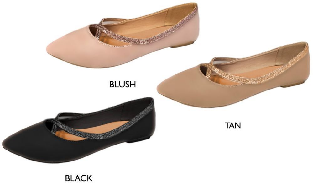 Wholesale Footwear Women's Microsuede Flats W/ Elastic Glitter Straps & Cushioned Insole