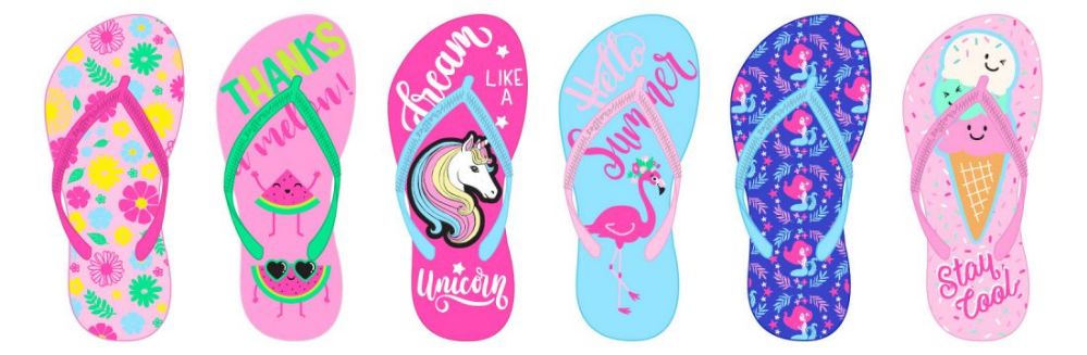 Wholesale Footwear Girl's Printed Flip Flops - Dessert, Dreamscape, & Floral Print