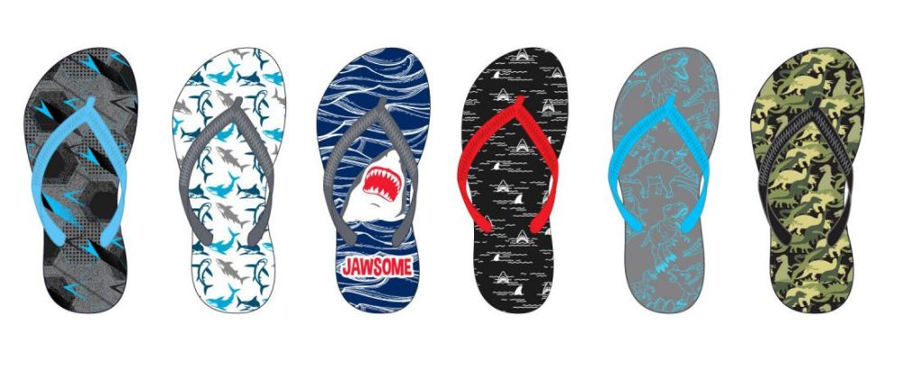 Wholesale Footwear Boy's Printed Flip Flops W/ Sharks & Dinosaur Footbed