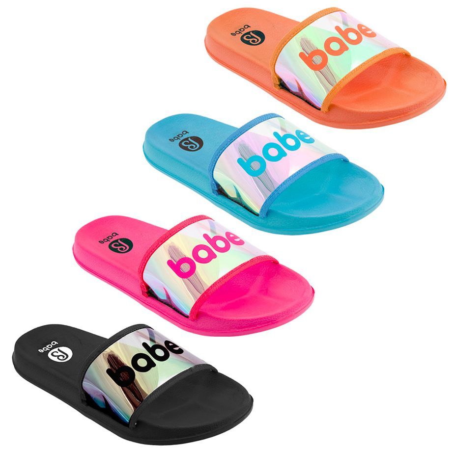 Wholesale Footwear Girl's Slide Sandals W/ Holographic Babe Print