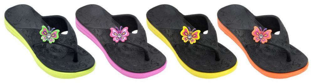 Wholesale Footwear Girl's Sport Thong Sandals - Black W/ Neon Butterfly Adornment & Sole