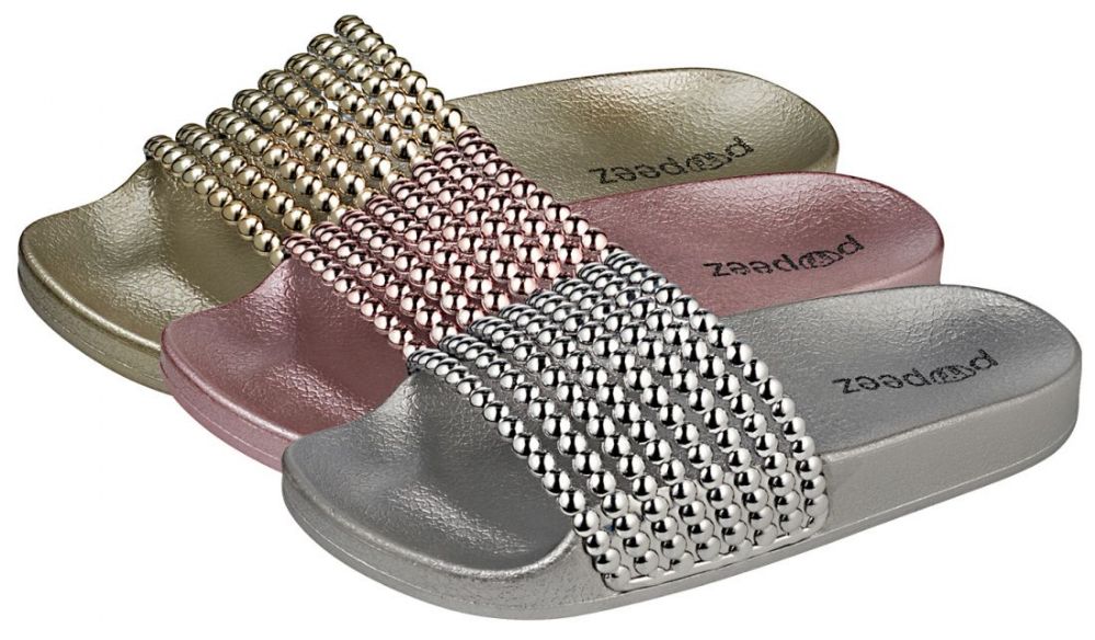 Wholesale Footwear Girl's Metallic Slide Sandals W/ Pearl Studded Strap