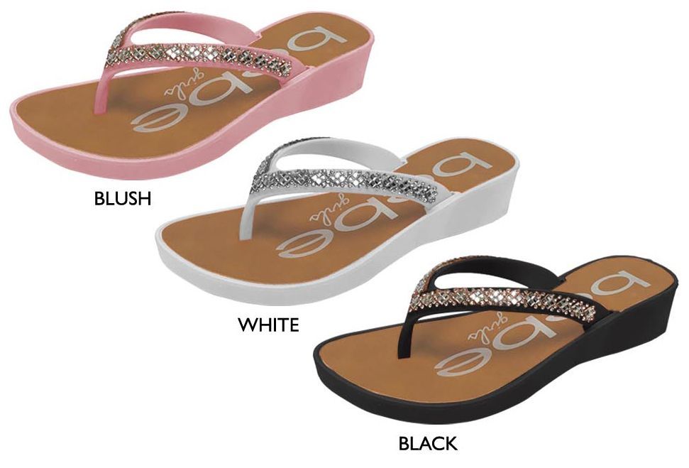 Wholesale Footwear Girl's Thong Wedge Sandals W/ Rhinestone Detail