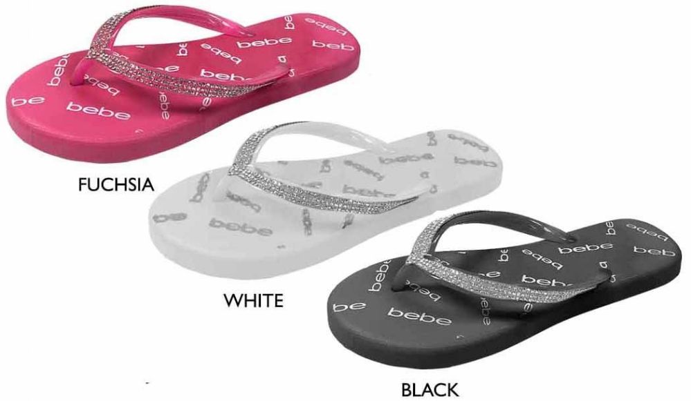 Wholesale Footwear Girl's Pcu Flip Flop Sandals W/ Shimmer Rhinestones & Bebe Print Footbed