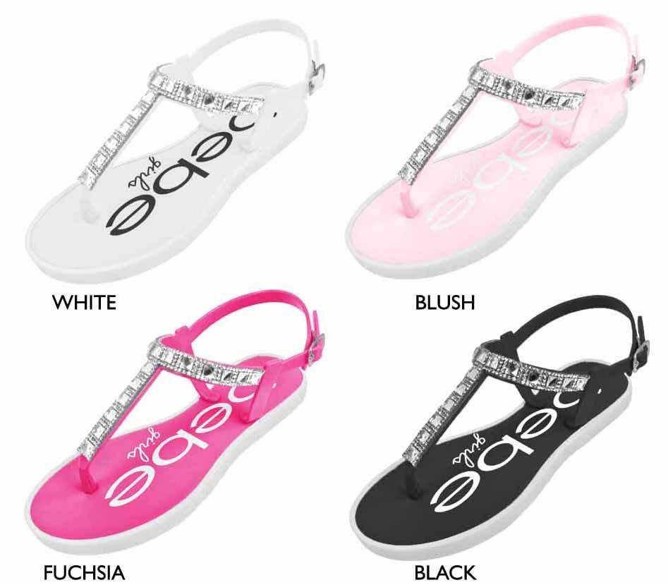 Wholesale Footwear Girl's Pcu Thong T-Strap Sandals W/ Rhinestone Straps & Bebe Print Footbed