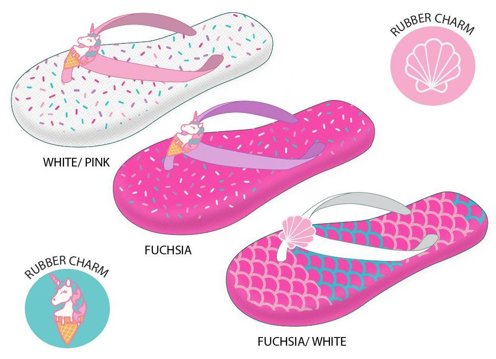 Wholesale Footwear Girl's Flip Flops W/ Printed Footbed & Rubber Charm Adornment