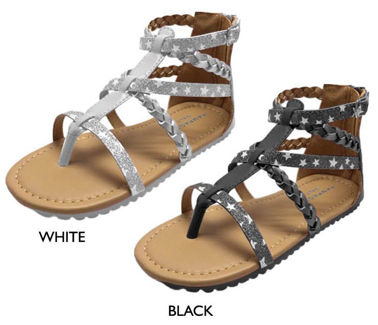 Wholesale Footwear Girl's Gladiator Sandals W/ Glitter Stars & Metallic Braid Details