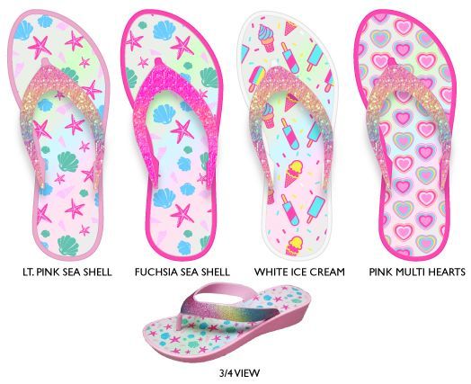 Wholesale Footwear Girl's MinI-Wedge Thong Flip Flop Sandals W/ Printed Footbed & Glitter Strap