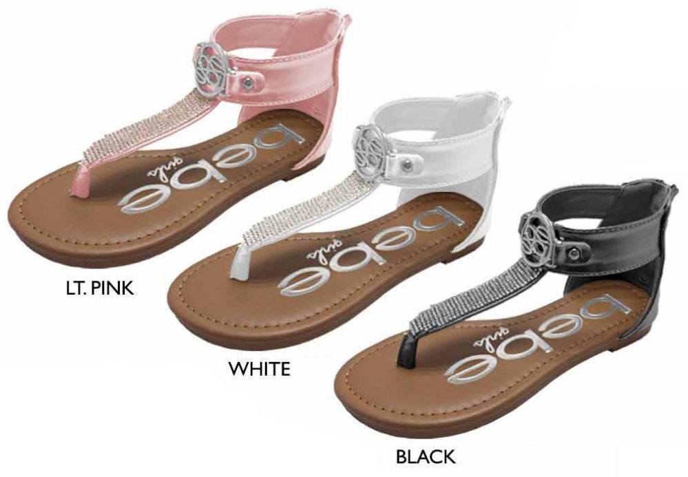 Wholesale Footwear Girl's T-Strap Sandals W/ Rhinestone Details & Bebe Medallion