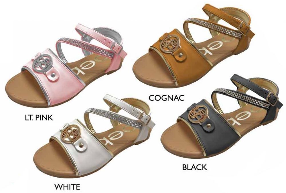 Wholesale Footwear Girl's Strappy Sandals W/ Rhinestone, Bebe Medallion, & Metallic Patent Leather Details
