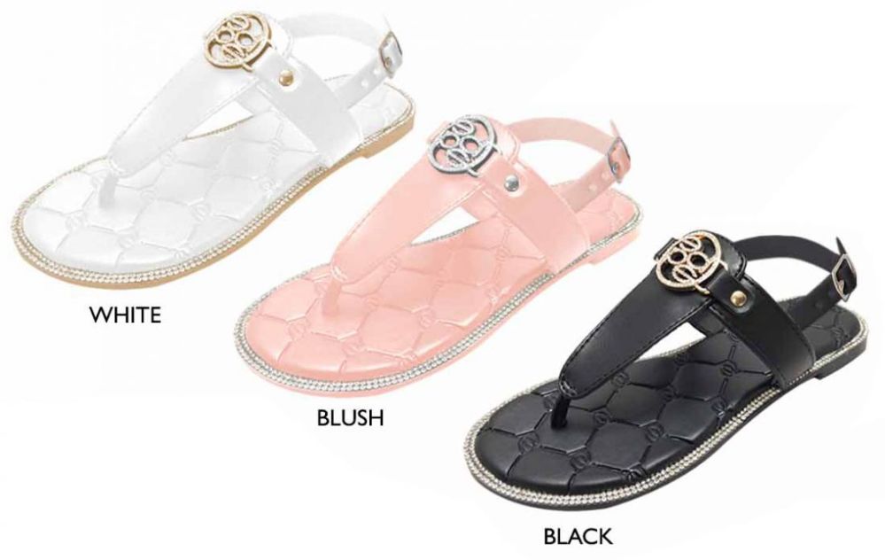 Wholesale Footwear Girl's Patent T-Strap Sandals W/ Bebe Medallion, Quilt Embossed Footbed, & Rhinestone Trim