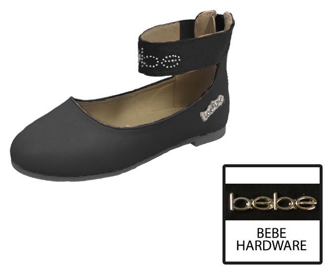 Wholesale Footwear Toddler Girl's Ankle Strap Flats W/ Stud Embroidered Strap & Logo Embellishment - Black